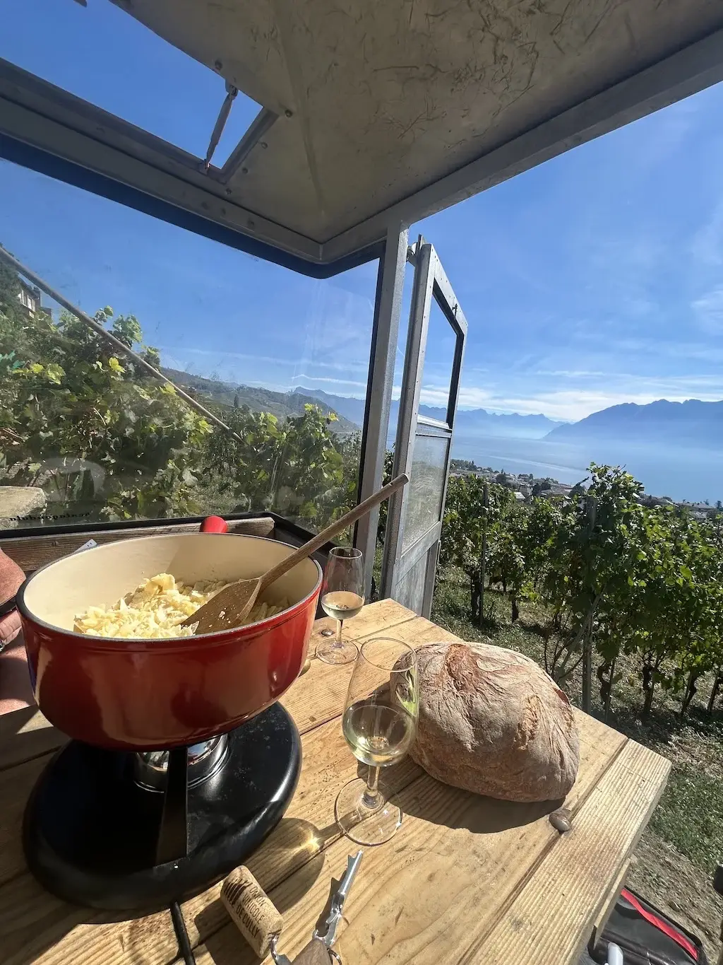 Fondue suisse artisanale crémeuse et verre de vin blanc dans le vignoble