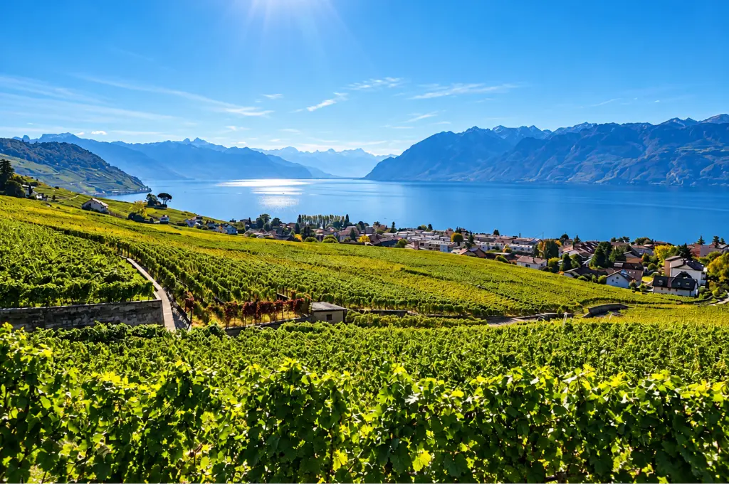 Vue panoramique des vignobles en terrasses de Lavaux surplombant le lac Léman
